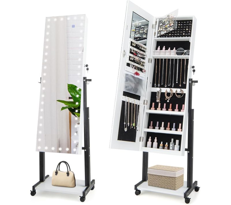 Armoire à Bijoux à Roulettes Hauteur Réglables, Miroir Pleine Longueur Avec Lumières LED(blanc)