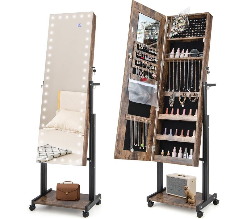 Armoire à Bijoux à Roulettes Hauteur Réglables, Miroir Pleine Longueur(marron Rustique)