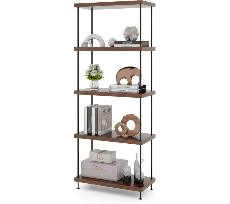 Bibliothèque Étagère à 5 Niveaux, Étagère De Rangement Style Industriel, 29,5 X 60 X 147 Cm, Noyer