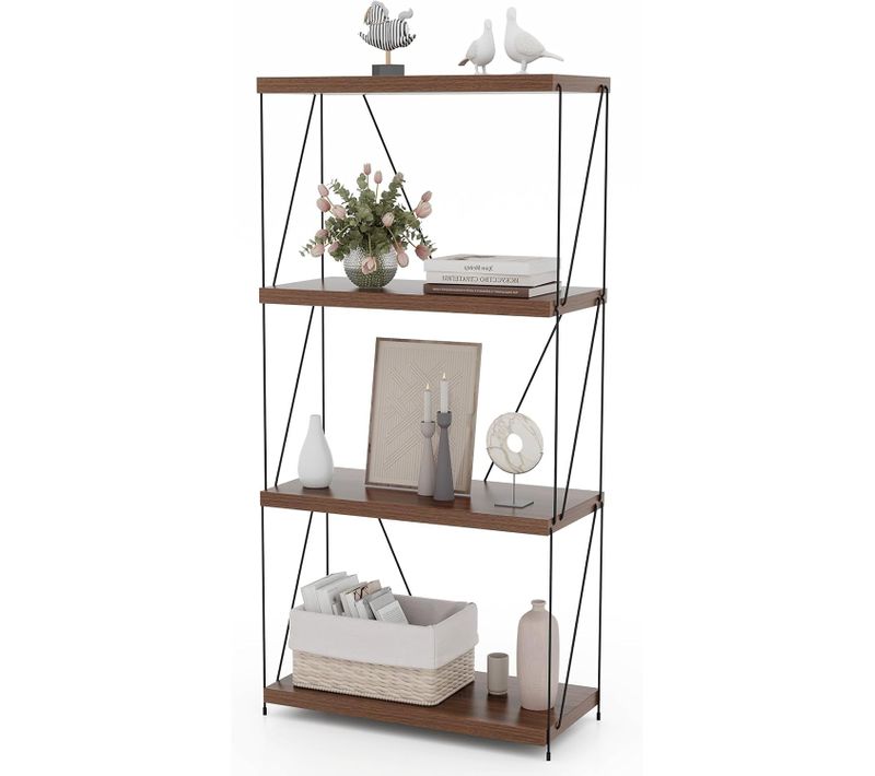 Bibliothèque Étagère à 4 Niveaux, Étagère De Rangement Style Industriel, 29,5 X 61 X 105 Cm, Noyer