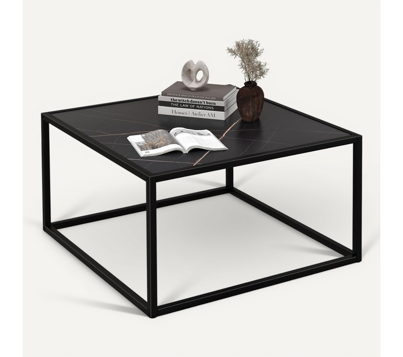 Table Basse Carrée, Table Basse Salon Faux Marbre, Cadre Métal, Facile à Installer, 70 X 70 X 40cm