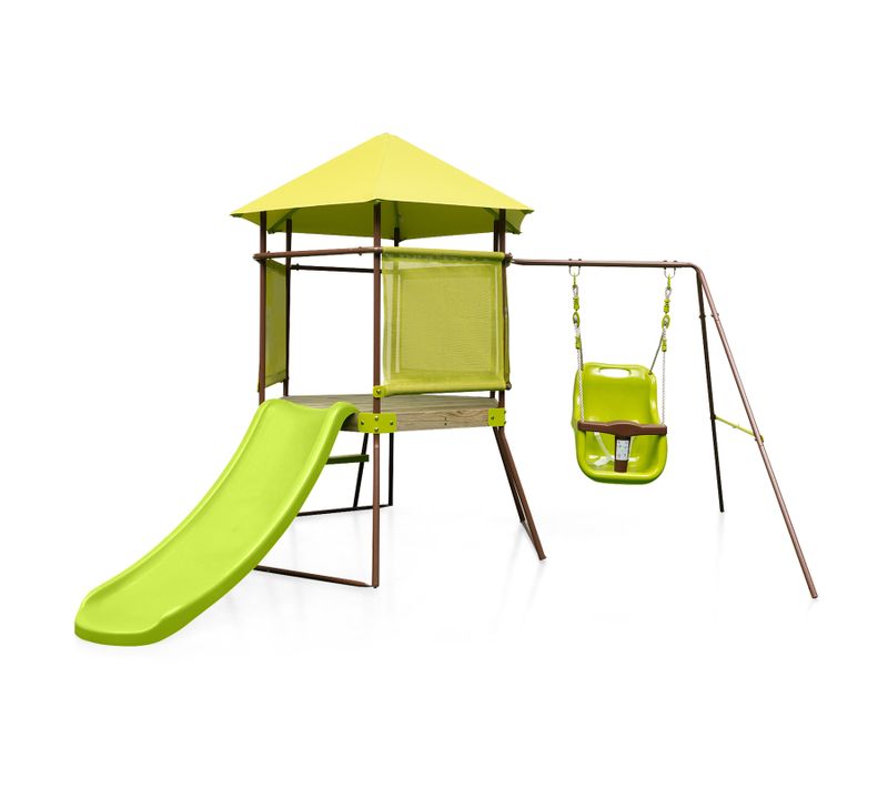 4 En 1 Aire De Jeux Portique En Bois Avec Toboggan Et Siège Bébé Réglable, Tour D'escalade Enfants