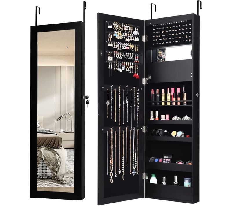 Armoire à Bijoux Murale Avec Miroir 12 LED, Meuble De Rangement Verrouillable Pleine Longueur, Noir