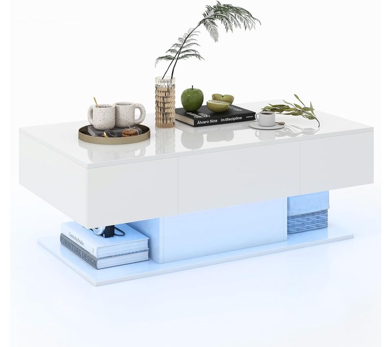 Table Basse Salon 2 Tiroirs, 22 Modes Dynamiques, Télécommande, 110 X 60 X 40 Cm (blanc)