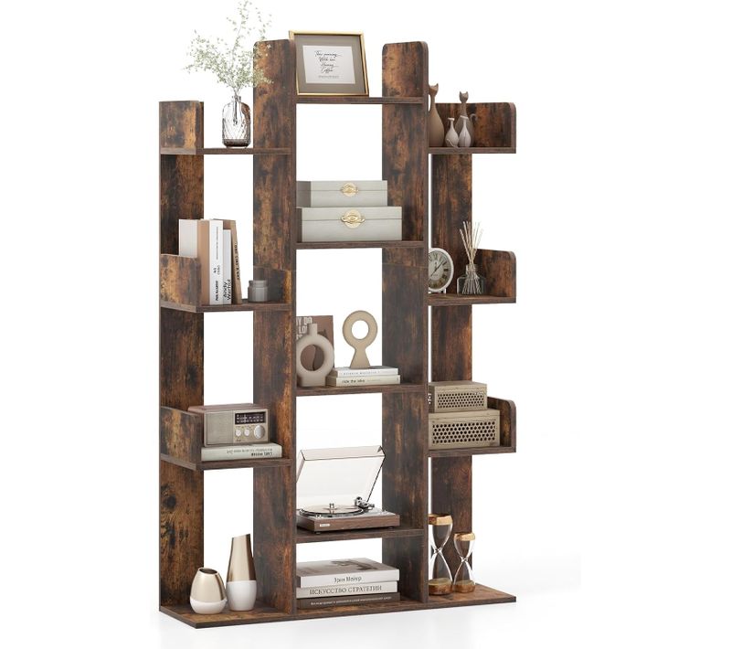 Bibliothèque Arbre, 13 Étagères Ouvertes, Meuble De Rangement Pour Livres, Marron Rustique