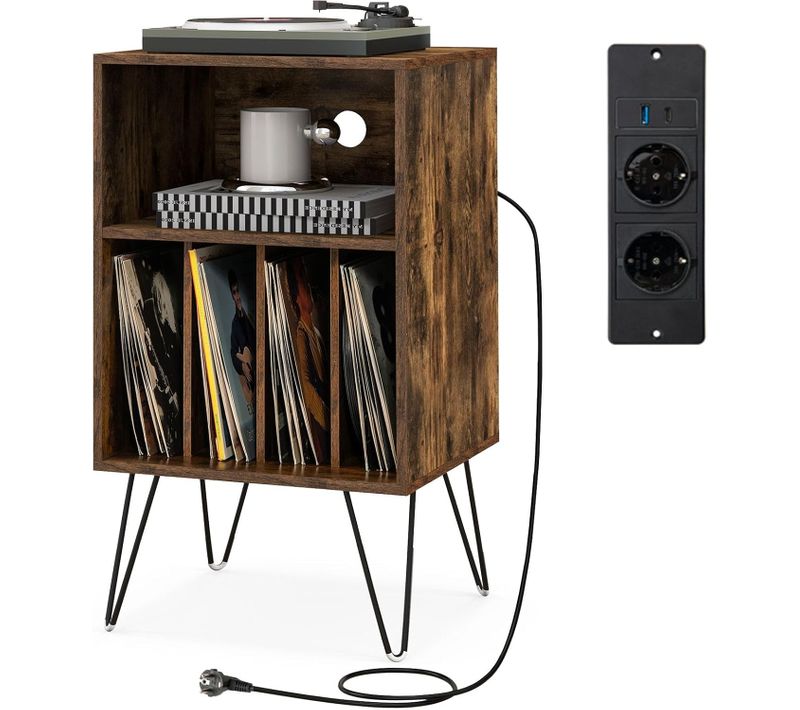 Meuble Tourne-disque Vinyle Avec Prise, Support Tourne-disque,pieds En Métal(marron Rustique)