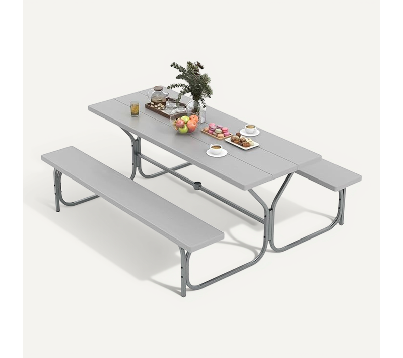 Ensemble Table Et Bancs Pour 8 Personnes, Charge 250kg Trou Pour Parasol, 183 X 161 X 76 Cm (gris)