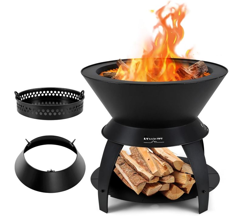 Brasero Foyer De Terrasse 3 En 1 De 50cm, Bol De Feu De Camping En Métal Avec Support De Casserole