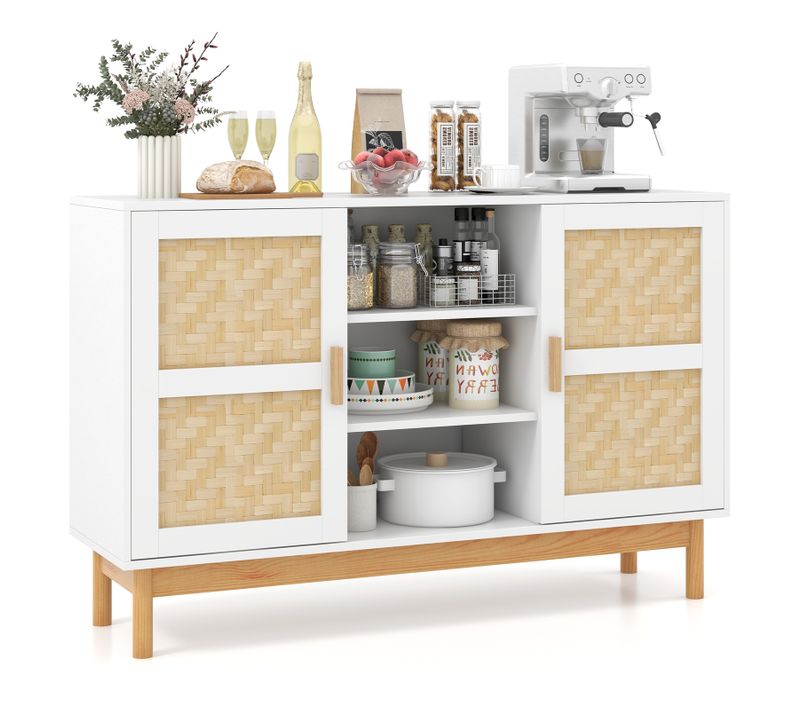 Buffet De Cuisine, Armoire Cuisine Avec 2 Portes Tressées En Bambou, 3 Étagères, 120 X 35 X 78 Cm
