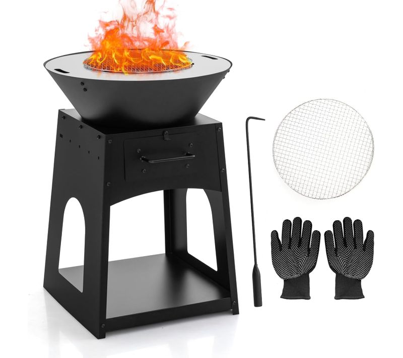 Brasero Foyer De Terrasse Avec Rangement, Bol De Feu à Bois Avec Grille Et Boîte à Cendres Etagère