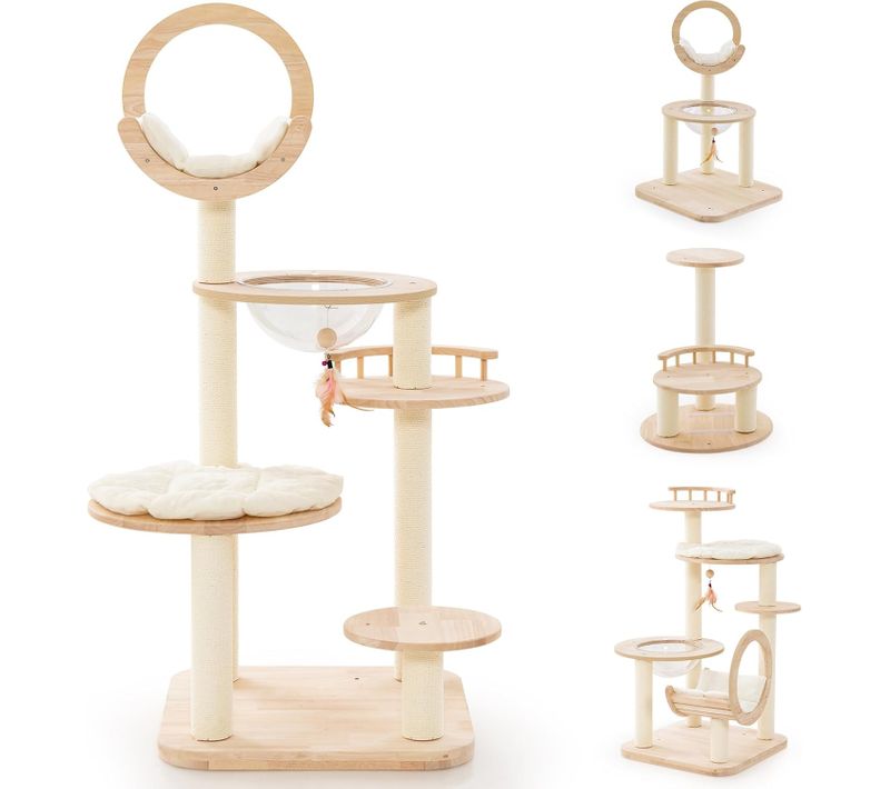 Arbre à Chat En Bois Convertible 4 En 1, Grande Tour à Chat En Blocs De Construction, Beige