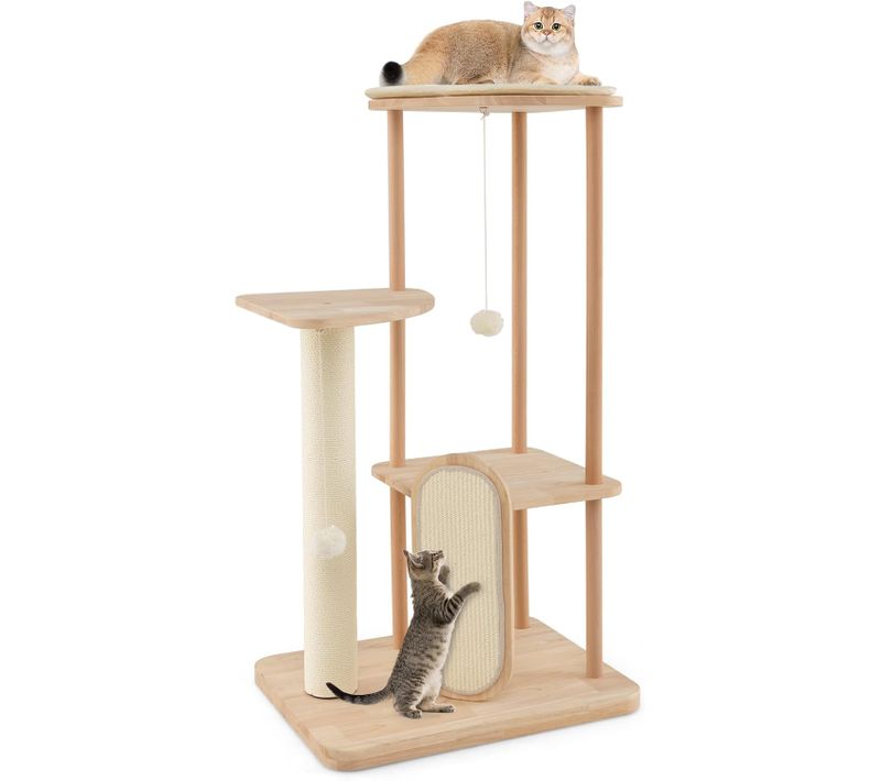 Grand Arbre à Chat En Bois Massif De 112 Cm, Centre D'activité, Charge 20 Kg Chaque Couche, Beige