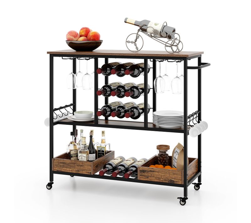 Chariot De Bar 3 Niveaux,Desserte à Roulettes,Chariot à Boissons Avec Porte-bouteilles,Marron