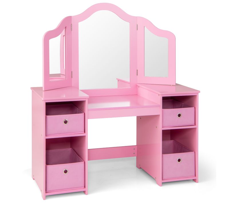 2 En 1 Coiffeuse Enfants Avec Miroir Amovible à Trois Volets, Charge 100kg (rose)