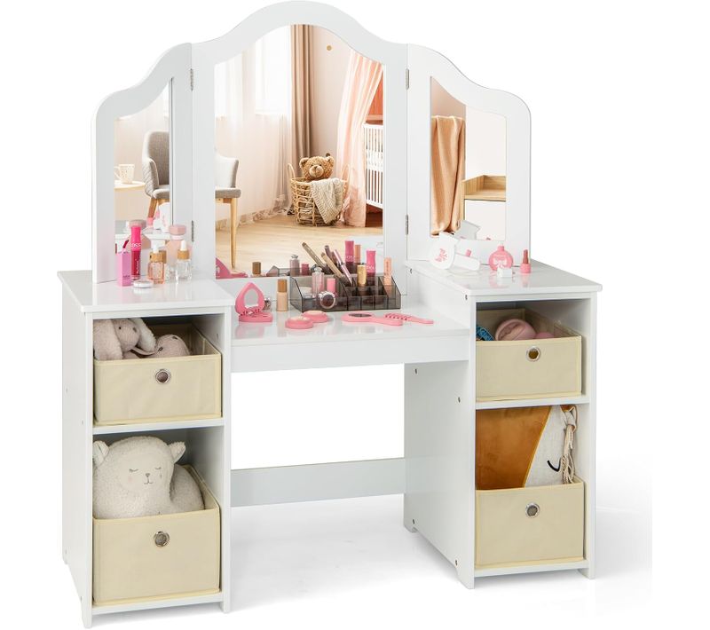 2 En 1 Coiffeuse Enfants Avec Miroir Amovible à Trois Volets, Charge 100kg (blanc)