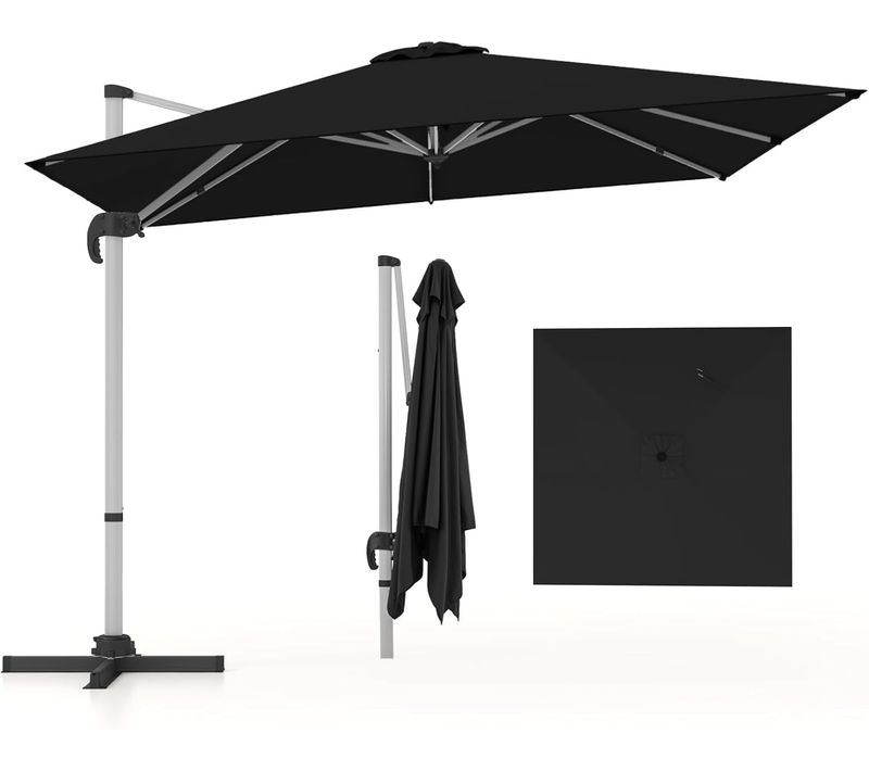 Parasol Déporté Inclinable 3x3m, Base En Croix, 5 Angles, Hauteurs Réglables, Double Toit,noir