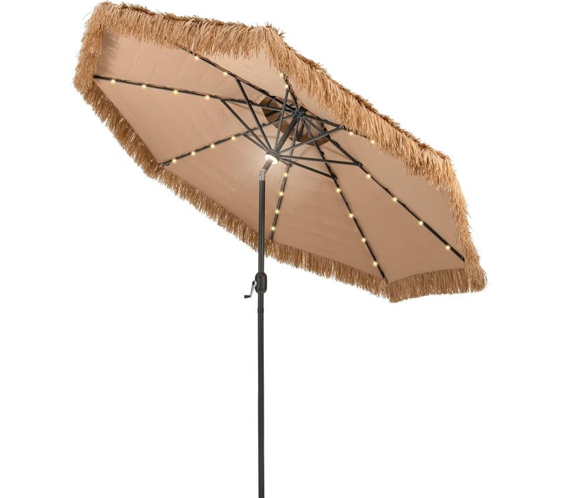 Parasol De Jardin Exterieur Φ 292 Cm, 12 Couches De Paille Pe Et Lumières LED Solaire Naturel