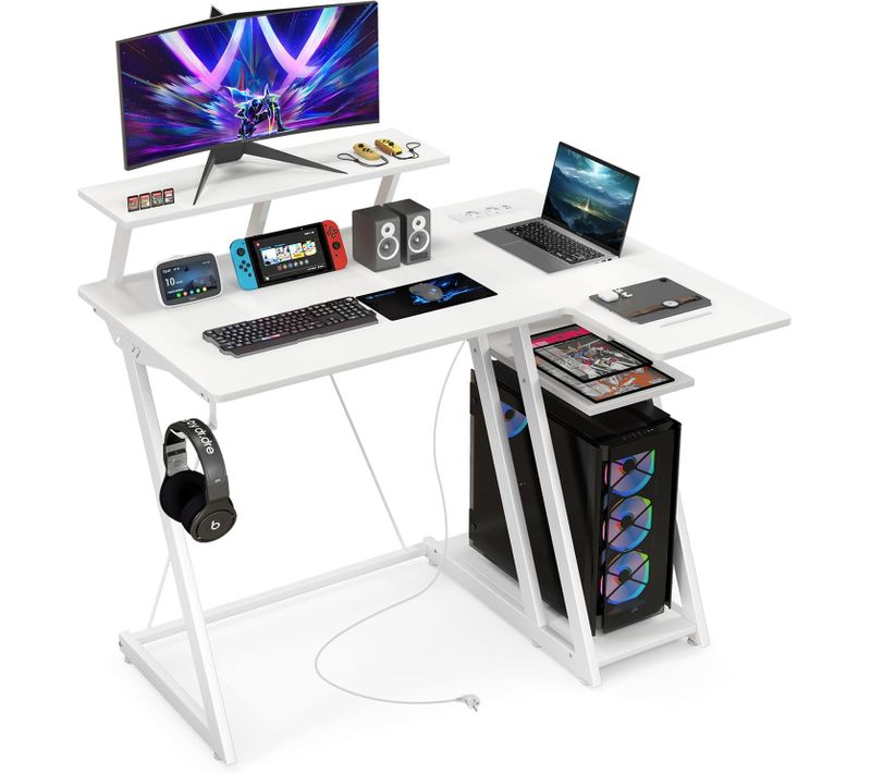 Bureau Gaming D'angle 107 X 80 Cm, Bureau D'ordinateur En Forme De L Avec Support D'écran (blanc)