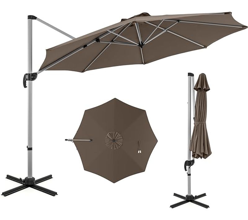 Parasol Déporté Φ339cm, Parasol De Jardin Rond Avec Base En Croix, Parasol Inclinable (brun)