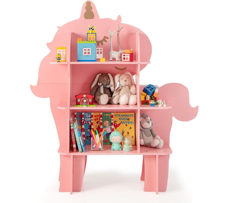Étagère à Livres Enfant à 3 Niveaux En Forme Unicorne Avec Étagères Ouvertes, Charge 90kg