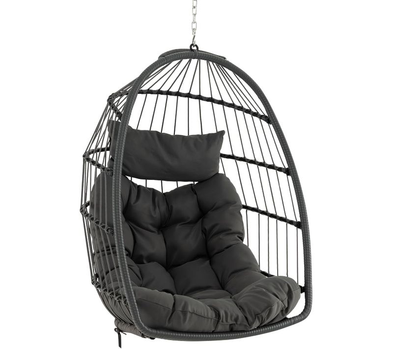 Fauteuil Oeuf Suspendu, Balançoire Suspendue En Rotin Pe Avec Coussin Et Appui-tête Amovibles, Gris