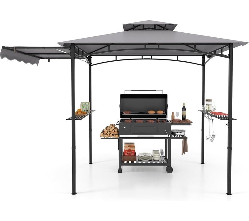 Tonnelle De Barbecue 318 X 153 Cm Avec Auvent Latéral, Abri Barbecue Cadre En Métal，gris