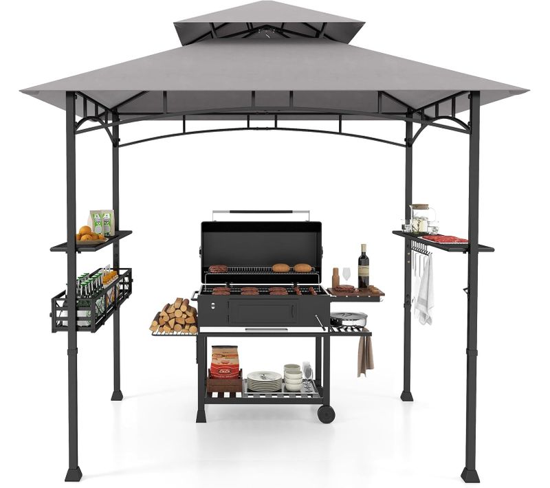Tonnelle De Barbecue 242 X 153 Cm Avec 2 Etagères Latérales, Abri Cadre En Métal，gris