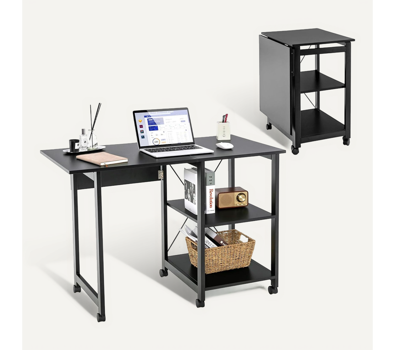 Bureau Pliable Pour Ordinateur, Table De Travail à 3 Niveaux Avec 2 Étagères De Rangement, Noir