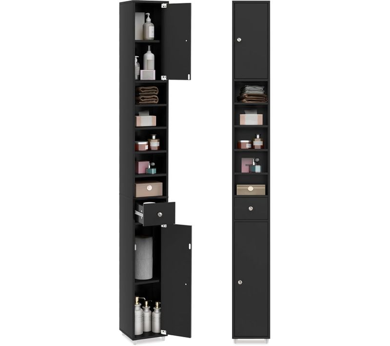 Meuble De Rangement Salle De Bain, Meuble Colonne Avec 2 Placards à Porte, 20 X 20 X 180 Cm (noir)