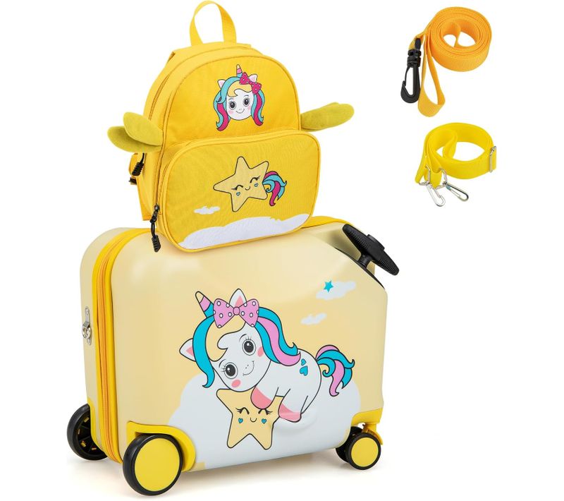 Valise Enfants à Roulettes 18” Avec Sac à Dos 12”, Bagages à Main, Charge 50kg+8kg (jaune Licorne)