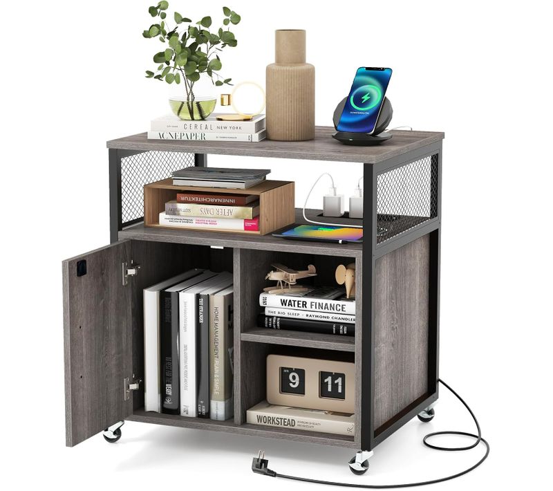 Caisson Bureau Avec Station De Charge, Petit Meuble De Rangement à Roulette, 2 Prises (gris)