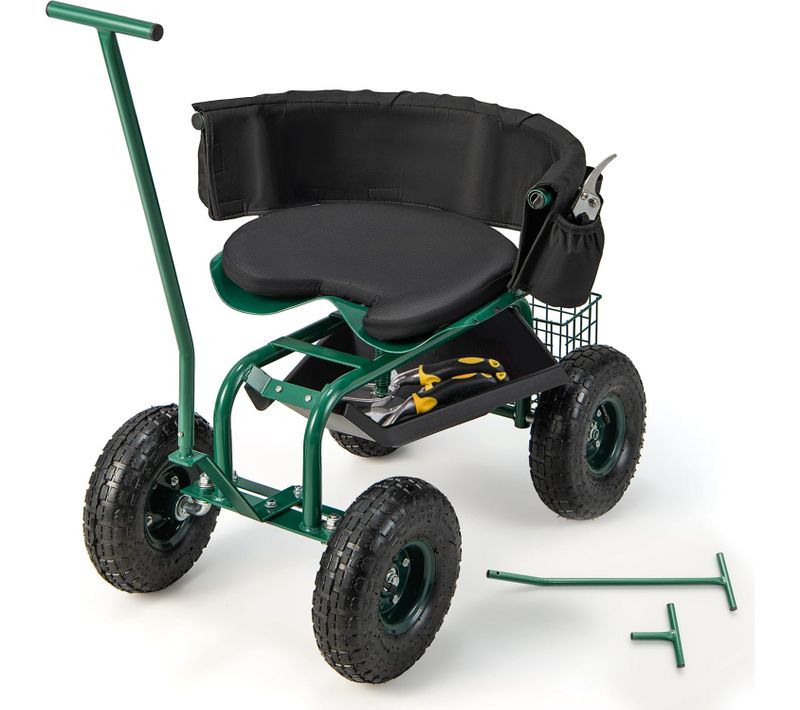 Siège De Jardin Roulant Avec 2 Poignées De Direction, Chariot Jardinage Réglable En Hauteur, Vert