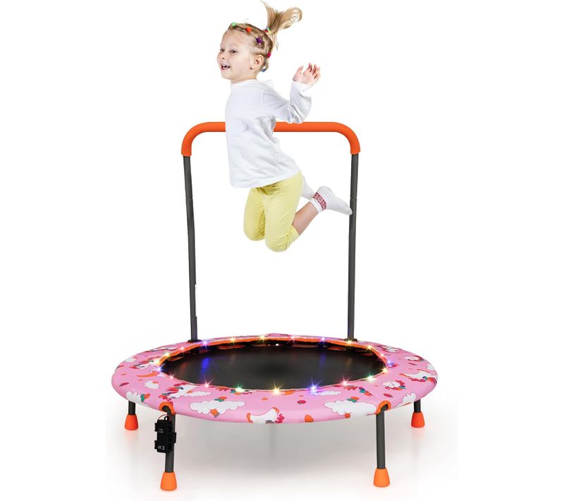 Trampoline Enfant D.92cm Avec 21 Lumières LED, Poignée Amovible, Mini Trampoline Exterieur, Rose