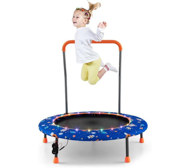 Trampoline Enfant D.92cm Avec 21 Lumières LED, Poignée Amovible, Mini Trampoline Exterieur, Bleu