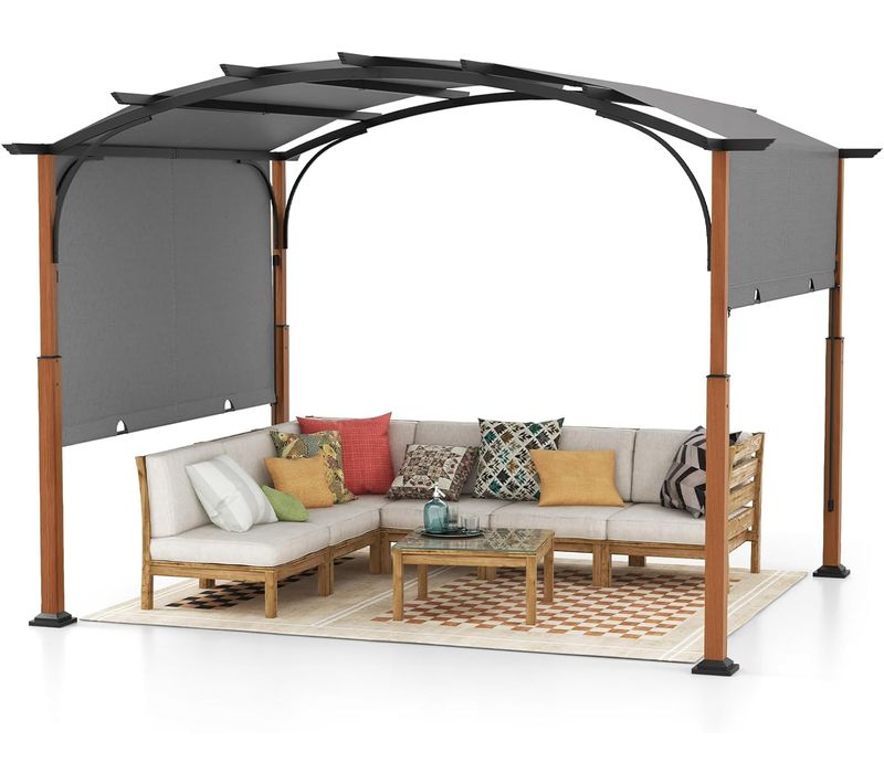 Pergola Rétractable D'extérieur Métallique à Arcs 300x360cm Pour Patio, Tonnelle Treillis, Gris