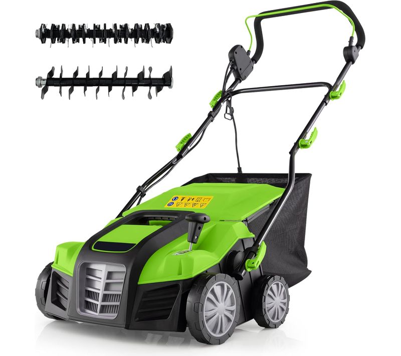 Scarificateur De Pelouse Électrique 2 En 1 De 15a, Avec Double Interrupteur De Sécurité, Vert