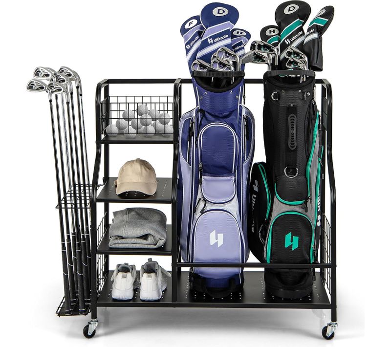 Organisateur D'équipement Sportif Avec Roues Amovibles, Support De Rangement Pour 2 Sacs De Golf