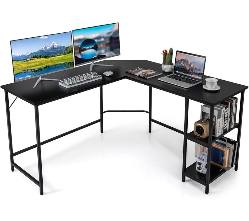 Bureau D'angle 138 X 138 Cm, Bureau D'ordinateur En Forme De L Avec Étagère (noir)