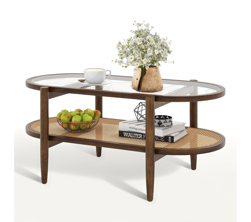 Table Basse Bois En Verre Rotin Cannage, Table D'appoint Ovale, Charge 120kg, 102×56×47cm,marron