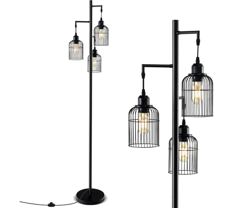 Lampadaire Sur Pied Salon, Lampadaire Industriel 169 Cm, 3 Abat-jours, Base Robuste, 60w, Noir
