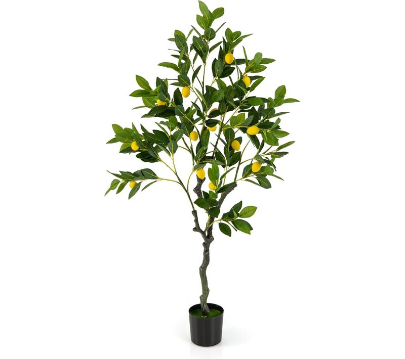 Plante Artificielle Avec Pot Rempli De Ciment, Citronnier Artificiel Avec Plante Verte Tronc, 120 Cm