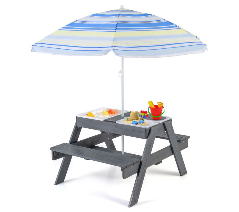 Table De Pique-nique Enfants Avec Parasol Réglable Et 3 Bacs Amovible, Charge 100kg