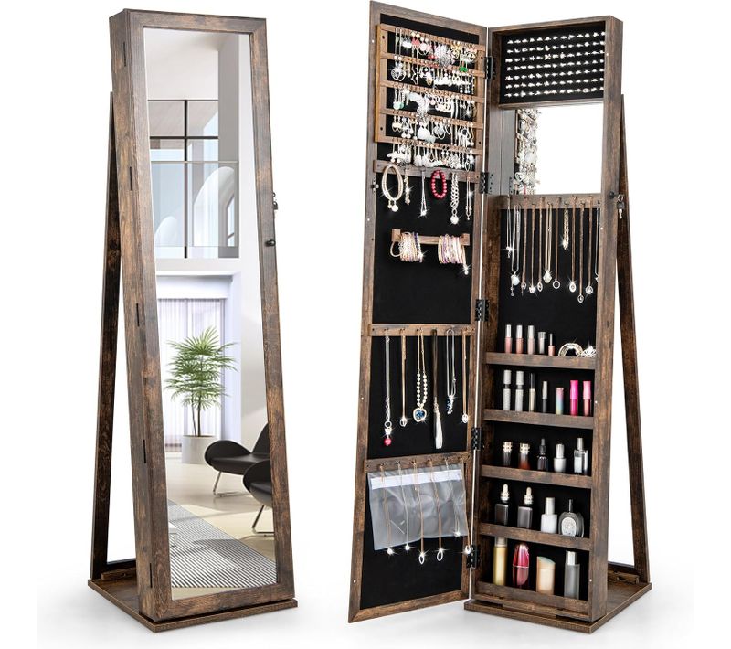 Armoire à Bijoux Sur Pieds, Miroir HD Pleine Longueur Et Miroir De Maquillage, Marron Rustique