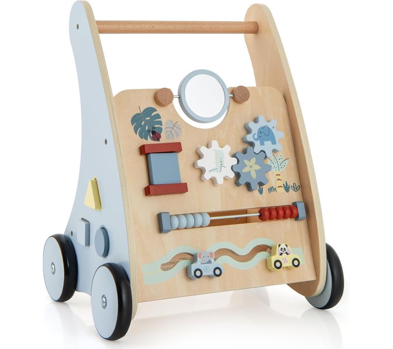 Chariot De Marche Bébé En Bois Avec Panneau De Jeu, Poignée Lisse Et 4 Roues Antidérapantes
