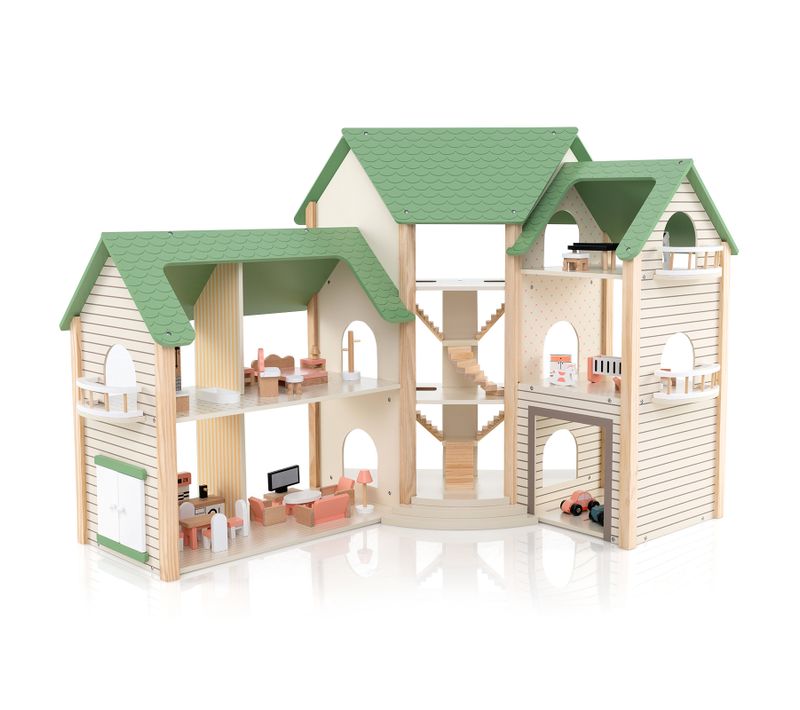 Maison De Poupée En Bois Avec 6 Pièces Et 36 Meubles, Maison De Rêve Avec Toit Vert, 87 X 37 X 83 Cm