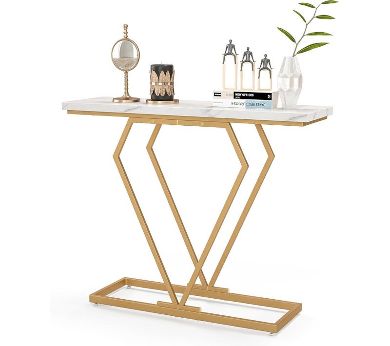 Console Entree Or, Console Meuble Marbre, Design Géométrique Moderne, Cadre En Métal Doré