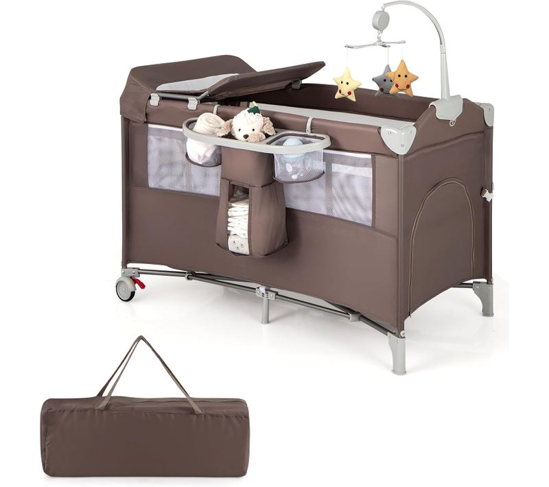 5 En 1 Lit Parapluie Bébé Avec Matelas Et Table à Langer Amovible, Hauteur Réglables (marron)