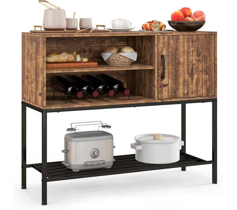 Buffet Cuisine, Meuble De Bar à Vin Avec Cassier à Vin Et Étagères De Rangement, Brun Rustique