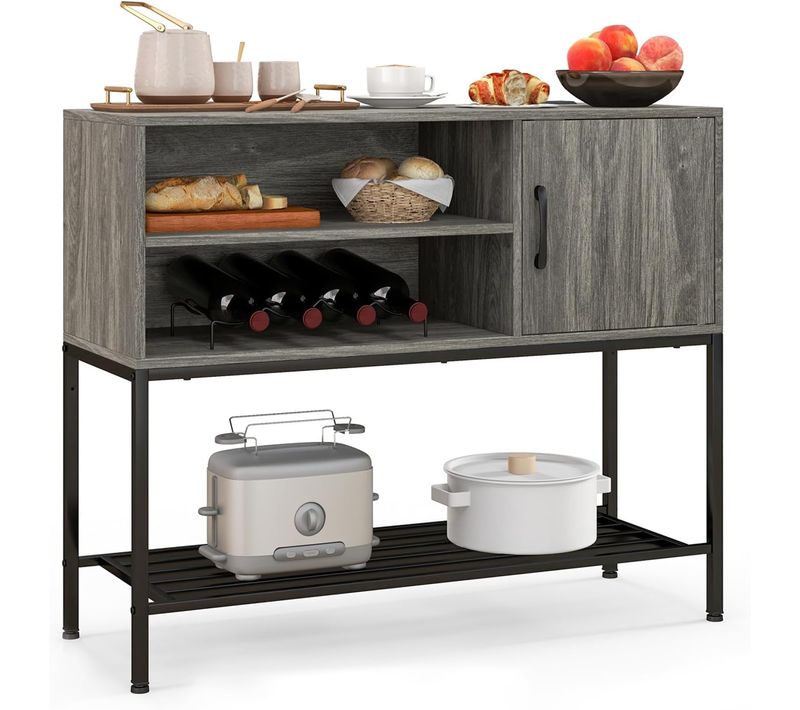 Buffet Cuisine, Meuble De Bar à Vin Avec Cassier à Vin Et Étagères De Rangement, Gris