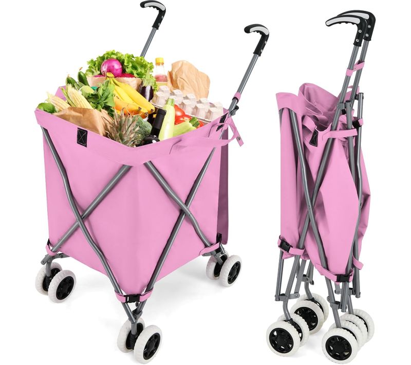 Chariot De Courses Pliable 90 L Sac Oxford Amovible Impermeable, Charge 54 Kg (rose)